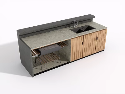Modern Kitchen Counter With Gray Top Wooden Cabinets Sink And Open Grill Rack 3d model