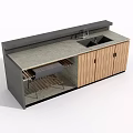 Modern Kitchen Counter With Gray Top Wooden Cabinets Sink And Open Grill Rack
