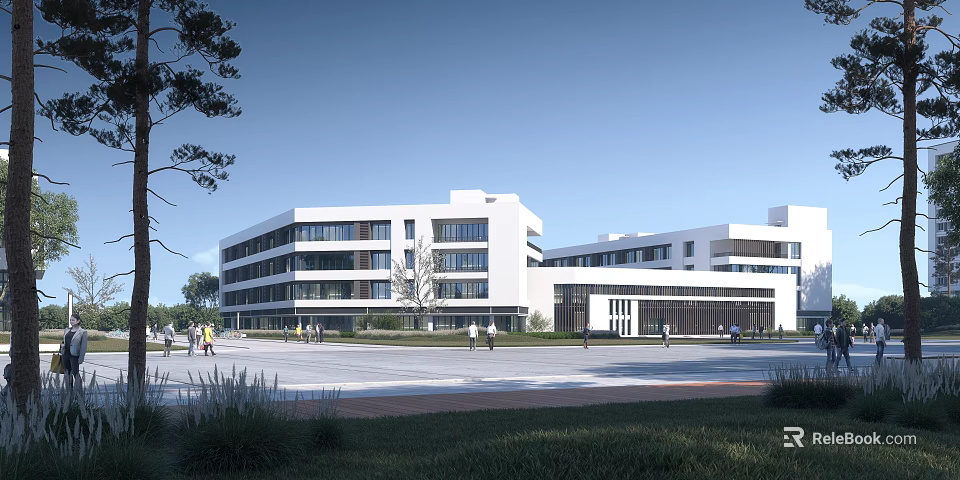 Modern White Campus Building Exterior With Glass Facade Open Square And Pedestrians 3d model 