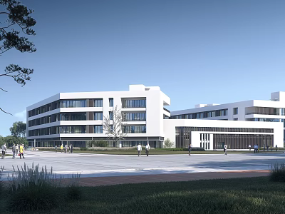 Modern White Campus Building Exterior With Glass Facade Open Square And Pedestrians 3d model