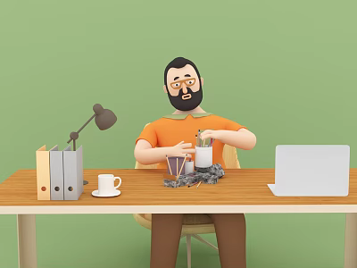 Cartoon Game Movie Character in Orange T-Shirt at Desk with Office Supplies Laptop Coffee Cup 3d model