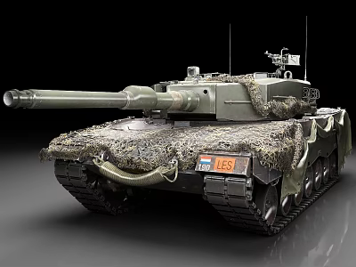 Military Tank Design With Camouflage Netting Long Gun Barrel And Metal Tracks 3d model