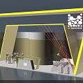 Modern Geometric Exhibition Booth Design With Gold Blue Accents Tables Chairs And Brand Logo