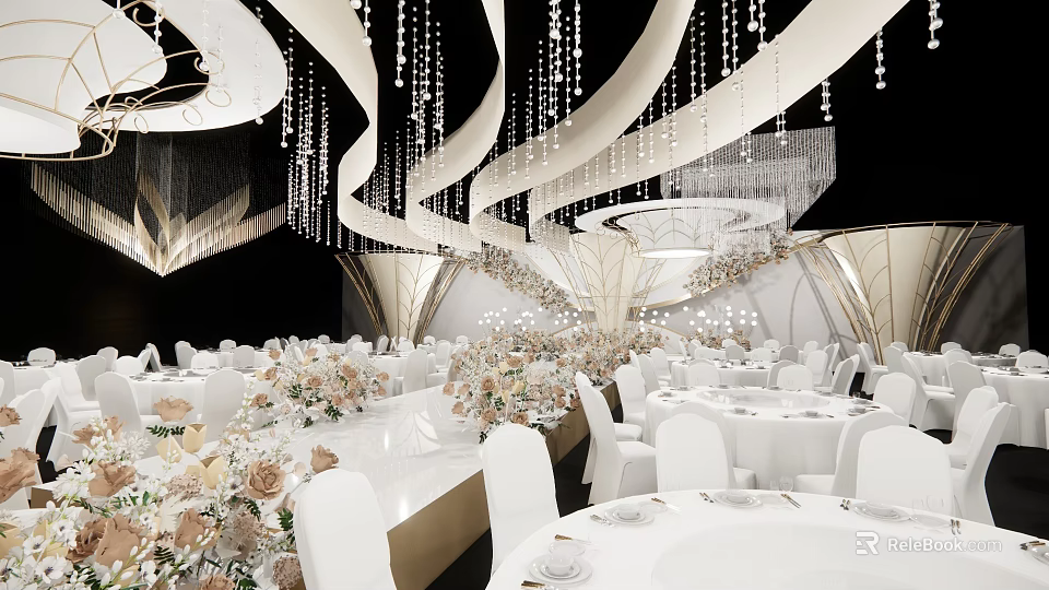 Luxury Banquet Hall Interior With Modern Design Crystal Chandeliers White Tables And Floral Arrangements 3d model 