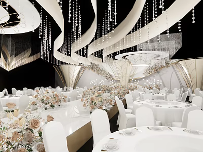 Luxury Banquet Hall Interior With Modern Design Crystal Chandeliers White Tables And Floral Arrangements 3d model