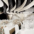 Luxury Banquet Hall Interior With Modern Design Crystal Chandeliers White Tables And Floral Arrangements