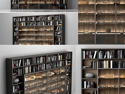 Modern Bookshelf Interior Design With Glass Doors Multiple Shelves Books And Decorative Items 3d model
