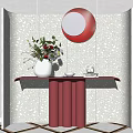 Console Table With White Vase Flowers Teacup Teapot Red Circular Decor On Patterned Wall 3d model