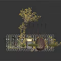 Garden Scene Construction With Yellow Leaf Tree Metal Fences Decorative Stones And Grass Patches