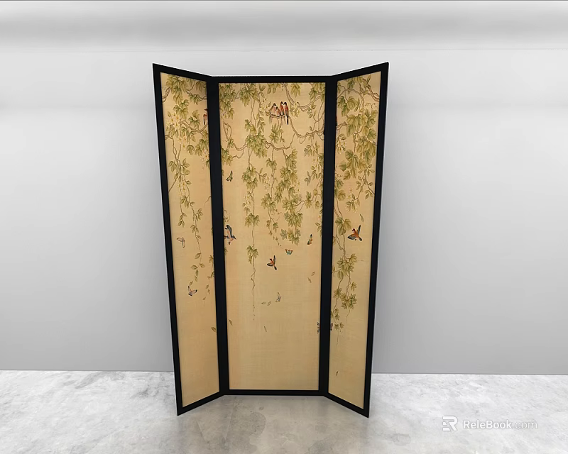 Four Panel Beige Screen Partition With Vine And Bird Patterns And Black Frame 3d model