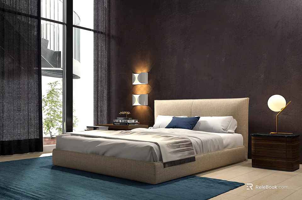 Modern Double Bed With Beige Headboard White Sheets Blue Pillow Large Window And Blue Rug 3d model 