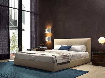 Modern Double Bed With Beige Headboard White Sheets Blue Pillow Large Window And Blue Rug 3d model