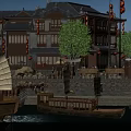 Traditional Ancient style Waterfront Scenery With Pagoda Sailing Boats And Buildings