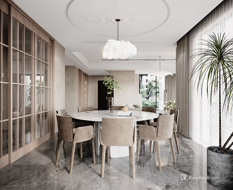 Modern Restaurant Interior With Round Dining Table Beige Chairs Pendant Light And Large Window Plant 3d model
