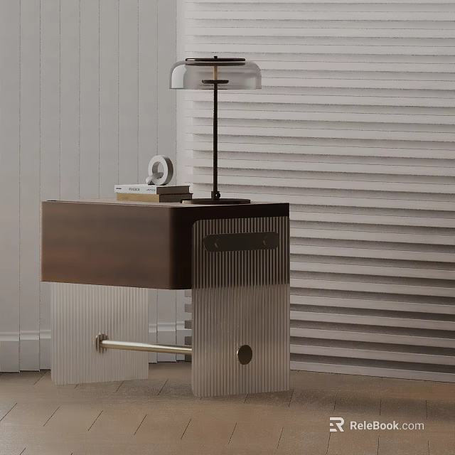 Modern Side Table With Wooden Top Ribbed Glass Base And Metal Frame Lamp 3d model 