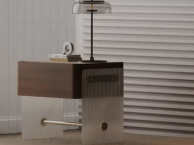 Modern Side Table With Wooden Top Ribbed Glass Base And Metal Frame Lamp 3d model