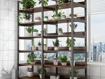 Modern Multi tiered Shelving Unit With Various Potted Plants In Bright Interior Window Area 3d model