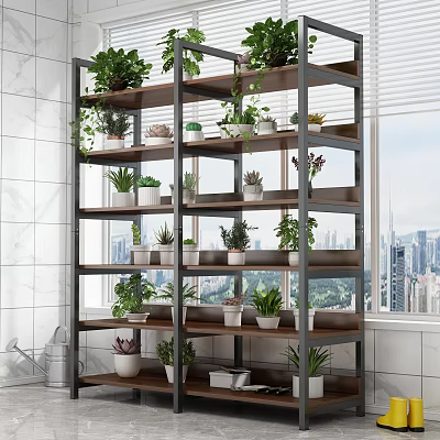 Modern Multi tiered Shelving Unit With Various Potted Plants In Bright Interior Window Area 3d model