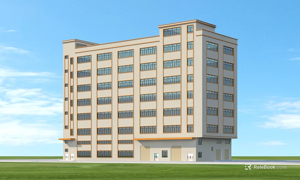 Modern Multi Storey Industrial Factory Building Exterior With Numerous Windows And Green Lawn 3d model 