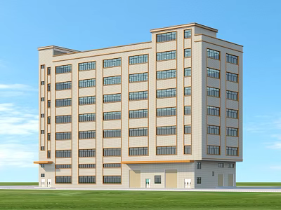 Modern Multi Storey Industrial Factory Building Exterior With Numerous Windows And Green Lawn 3d model