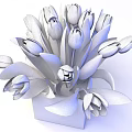 Purple Tulips Arrangement in Transparent Square Vase with Fresh Green Leaves