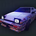 Stylish Two Door Sports Car With Colorful Floral Patterns And Pink Wheels On White Body