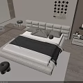 Modern Minimalist Double Bed Interior With White Leather Headboard Gray Blanket And Beige Pillows