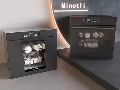 Minotli Black Kitchen Appliances With Internal Dish Racks On Modern Grey Countertop 3d model