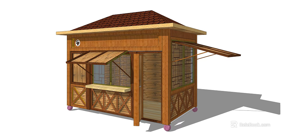 Wooden Kiosk With Brown Tile Roof Awning Windows And Wheels Structure 3d model 