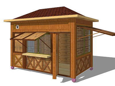 Wooden Kiosk With Brown Tile Roof Awning Windows And Wheels Structure 3d model