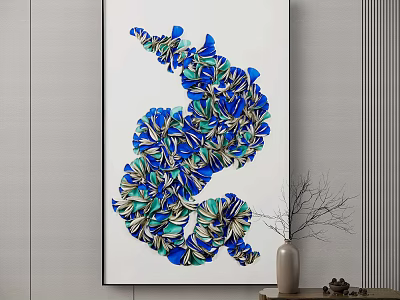 Abstract Blue Green Art Painting With Flowing Shapes On Indoor Wall Near Vase And Branches 3d model