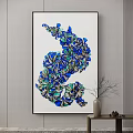 Abstract Blue Green Art Painting With Flowing Shapes On Indoor Wall Near Vase And Branches