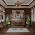 Traditional Chinese Religious Worship Space With Wooden Shrine Lantern Lights And Decorative Plants
