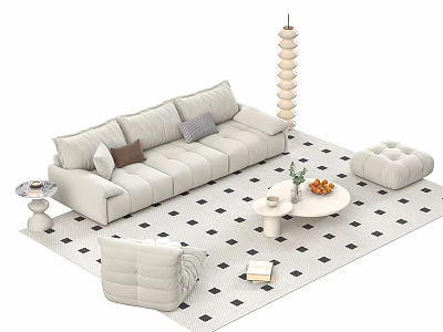Light Gray Sofa And Coffee Table Set With Black White Checkered Rug Ottoman Floor Lamp 3d model