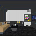 Modern Luxury KTV Interior With Blue Lighting Sofas Coffee Table TV Screens And Bar Counter