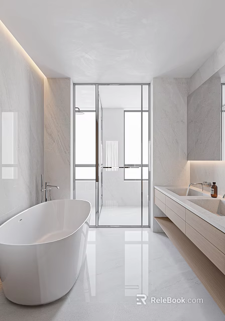 Elegant Modern Bathroom Interior with Marble Walls Bathtub Glass Shower and Double Sinks 3d model 