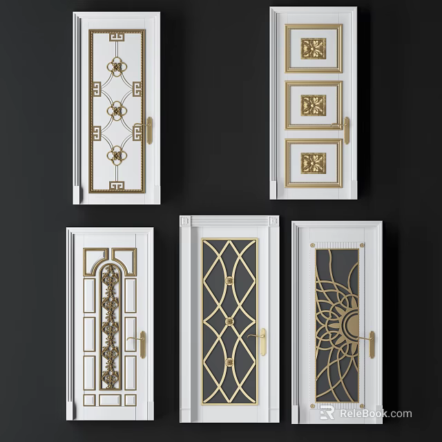 White Swing Doors With Golden Decorative Patterns And Various Glass Panel Designs 3d model