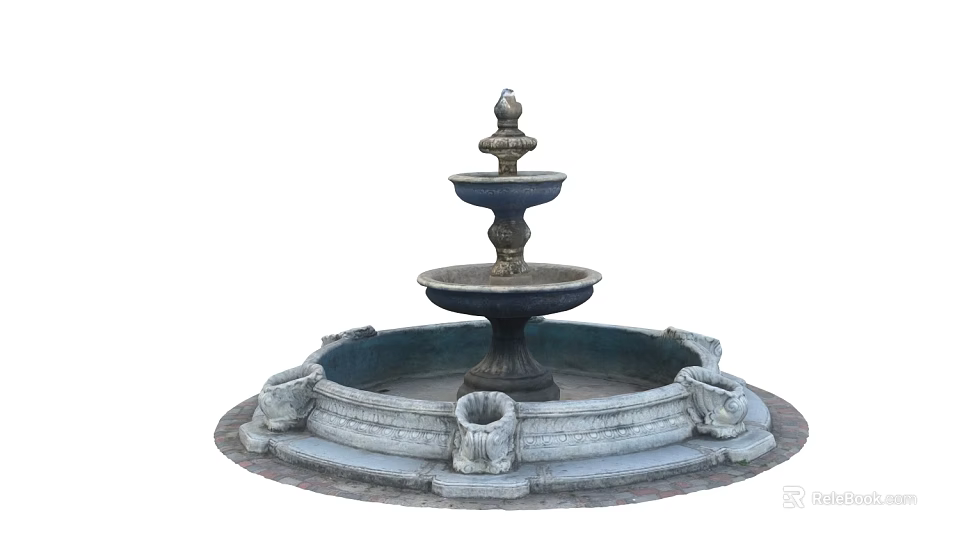 Decorative Garden Ornament With Three Tiered Fountain And Circular Stone Basin 3d model 