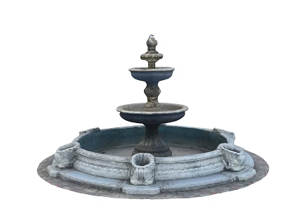 Decorative Garden Ornament With Three Tiered Fountain And Circular Stone Basin 3d model