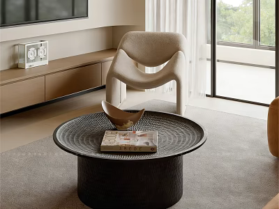 Round Black Coffee Table With Magazine And Decorative Bowl In Modern Living Room 3d model