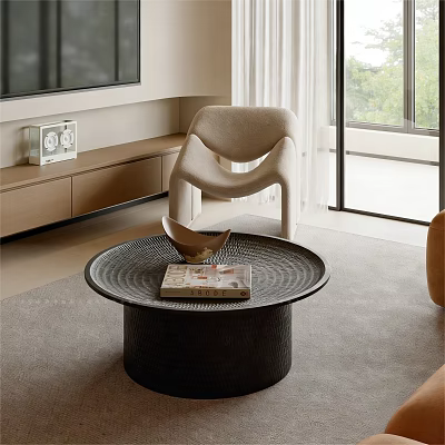 Round Black Coffee Table With Magazine And Decorative Bowl In Modern Living Room 3d model