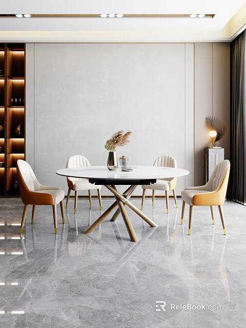 Modern Round White Dining Table Set with Wooden Cross Legs Light Colored Gold Leg Chairs 3d model 