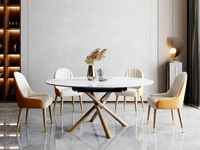 Modern Round White Dining Table Set with Wooden Cross Legs Light Colored Gold Leg Chairs 3d model