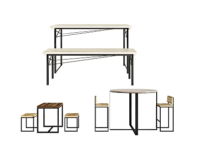 Modern Minimalist Table and Chair Sets With Long Round Tables Metal Frames and Wooden Tops 3d model