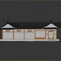 Cartoon Scene Traditional Chinese Building With Black Tiled Roof White Walls And Orange Accents
