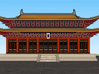 Ancient Chinese Two Story Architecture With Yellow Roof Red Pillars And Overhanging Eaves 3d model