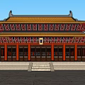 Ancient Chinese Two Story Architecture With Yellow Roof Red Pillars And Overhanging Eaves
