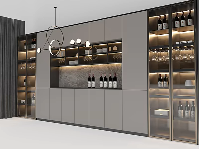 Modern Wine Cabinet With Glass Doors Wine Bottles Wine Glasses And LED Lighting Design 3d model