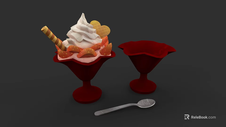 Creamy Ice Cream with Whipped Cream Cookies and Fruit Slices in Red Bowls and Spoon 3d model 
