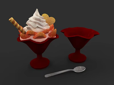 Creamy Ice Cream with Whipped Cream Cookies and Fruit Slices in Red Bowls and Spoon 3d model